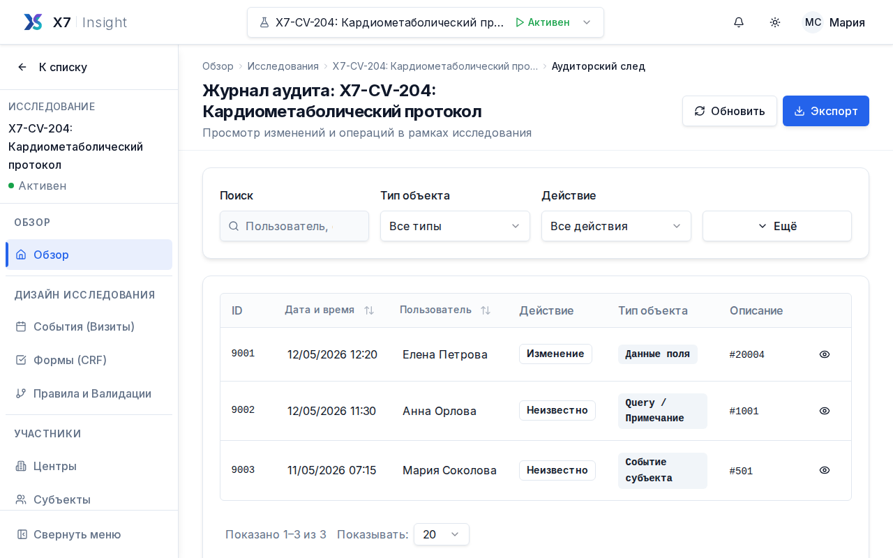 Журнал аудита исследования X7 Insight с таблицей событий и панелью фильтров