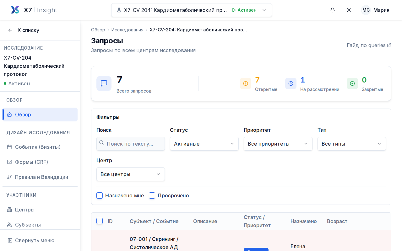 Список запросов исследования с фильтрами и таблицей